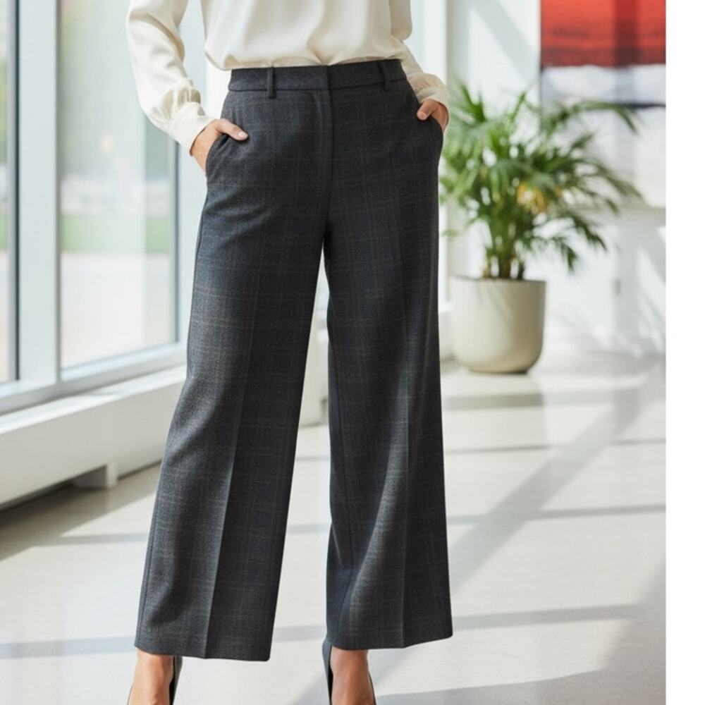 CAbi Straight Wide Leg Trouser Dress Pant Career Belt Loop 8 Grey Brown Plaid